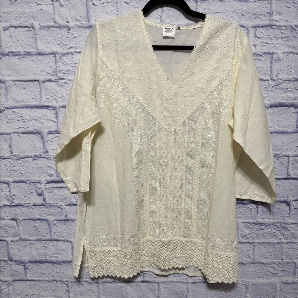 ASHA Cotton Embroidered Antiqued Ivory Tunic from India